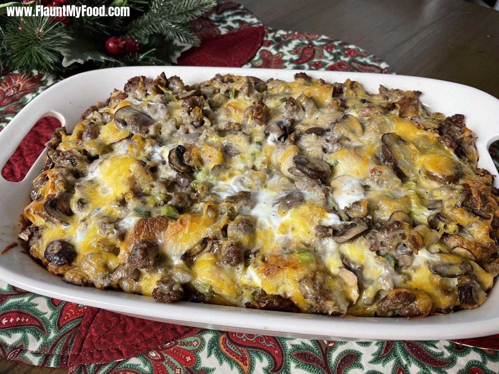 Sausage Mushroom StrataA savory strata for Christmas morning. Sausage, baby bella mushrooms, green onions, and cheese atop the eggy, multigrain base.