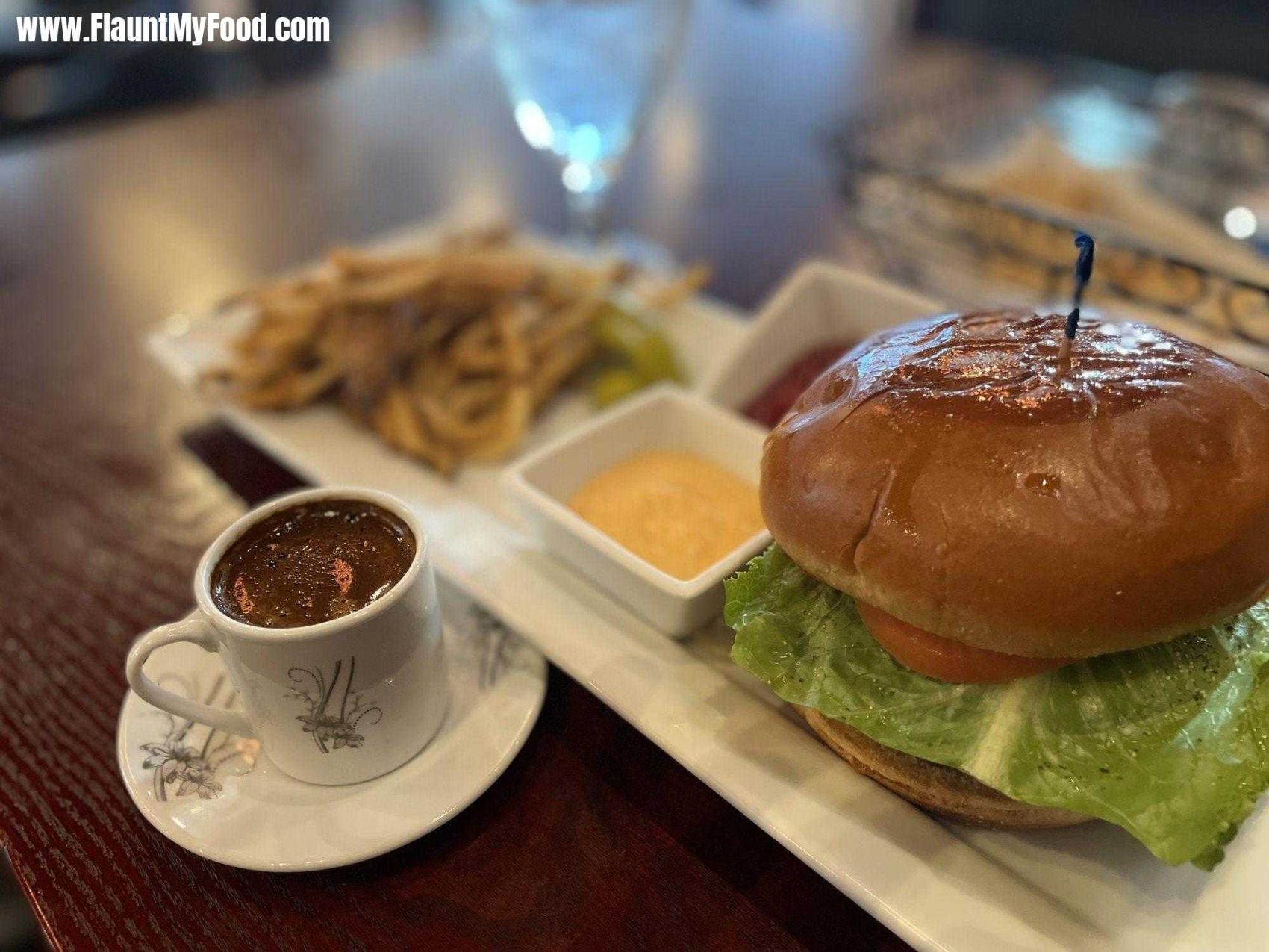 Lamb Burger Brioche Bun, Istanbul MediterraneanIstanbul Mediterranean, Downtown Fort Worth Texas, Lamb Burger Brioche Bun, Spicy aioli Caramelized Onions, tomato & feta served with fries. Also ordered a Turkish Coffee.