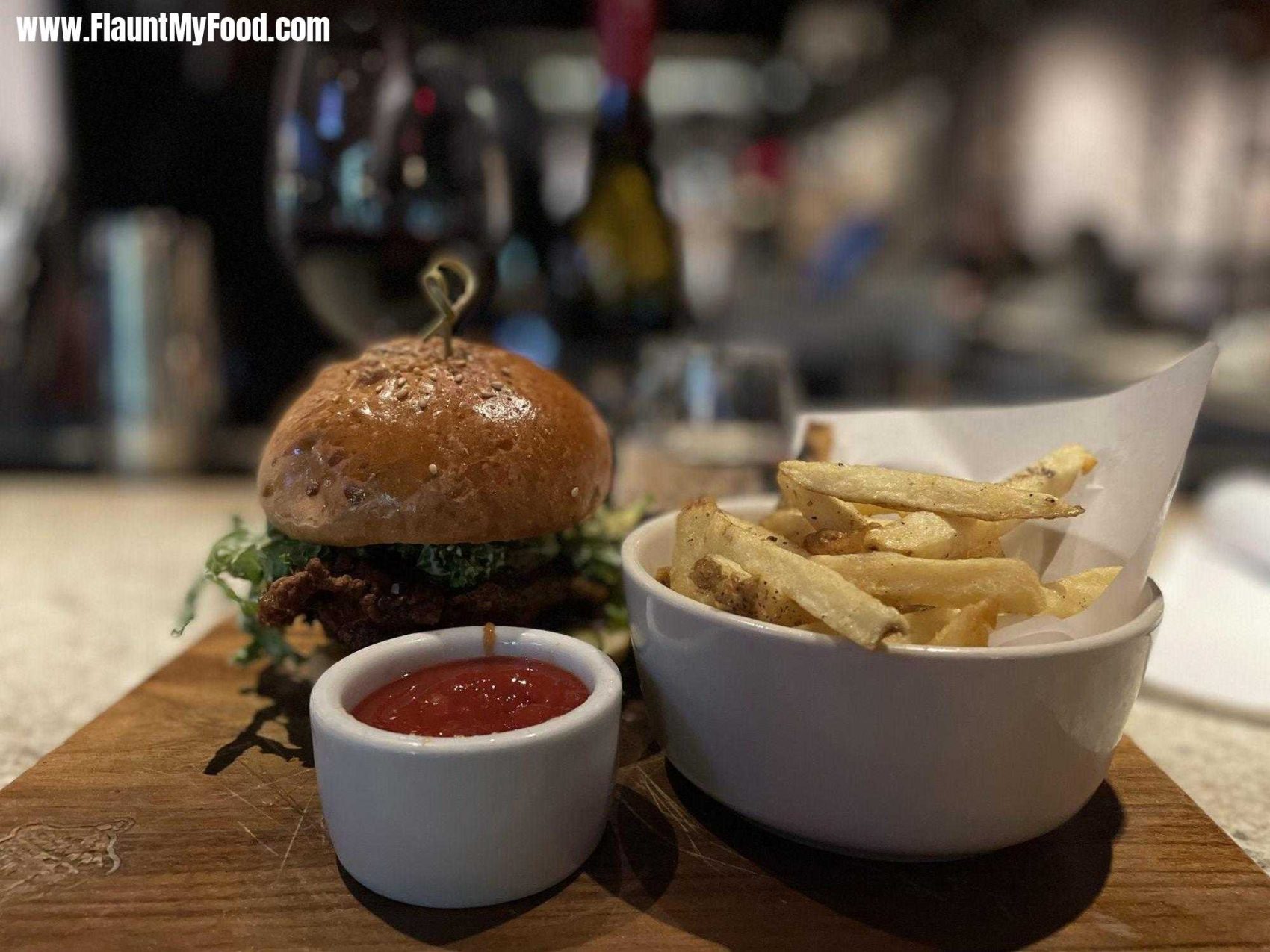 The fixe restaurant in Fort Worth clear Fork Texas chicken burger with french friesThe fixe restaurant in Fort Worth clear Fork Texas chicken burger with french fries