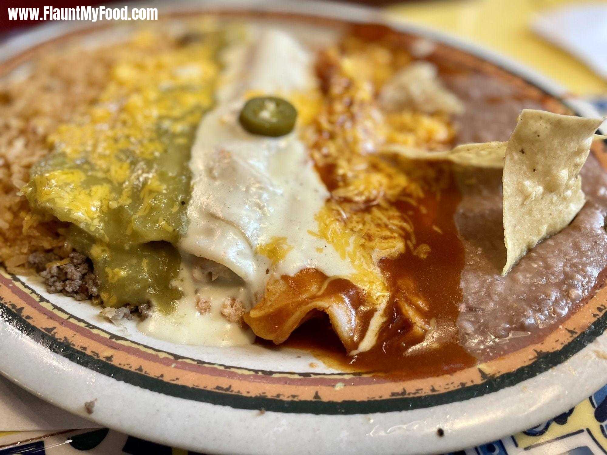 Red white and green enchilada plate at Rosa’s  in Fort Worth Texas