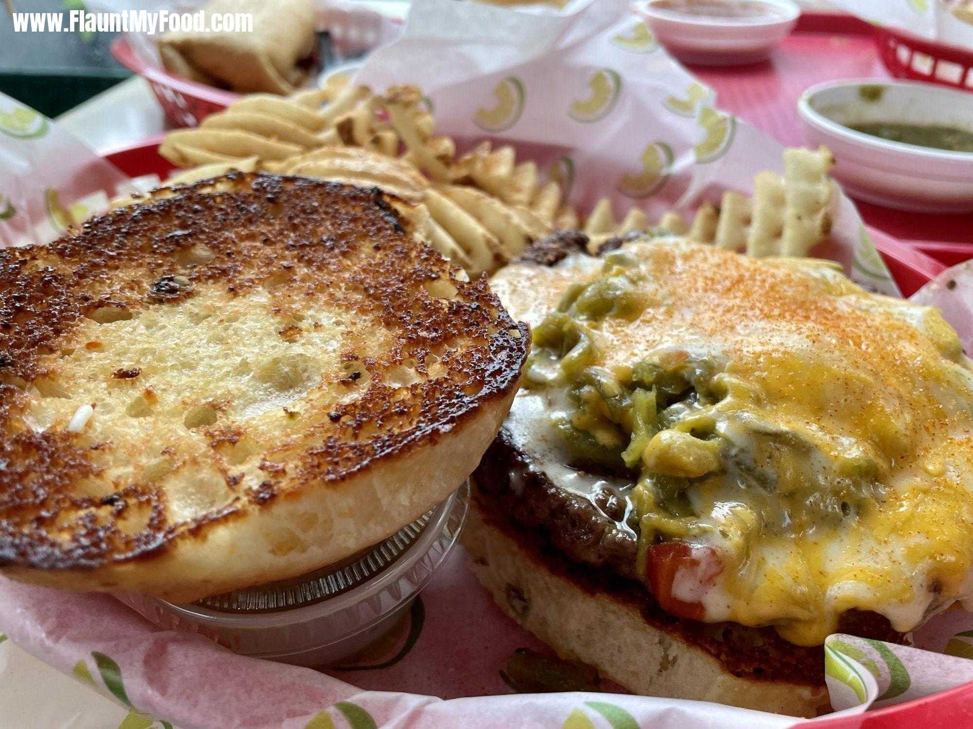 Green chili cheeseburger with seasoned fries Chimys Burger off 7th Street Fort Worth Texas