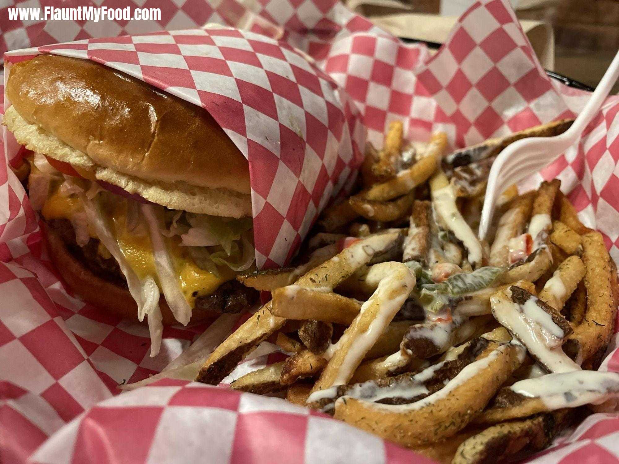 Green chili cheeseburger with green chili fries Hall of flame burgers and a Ruidoso New Mexico