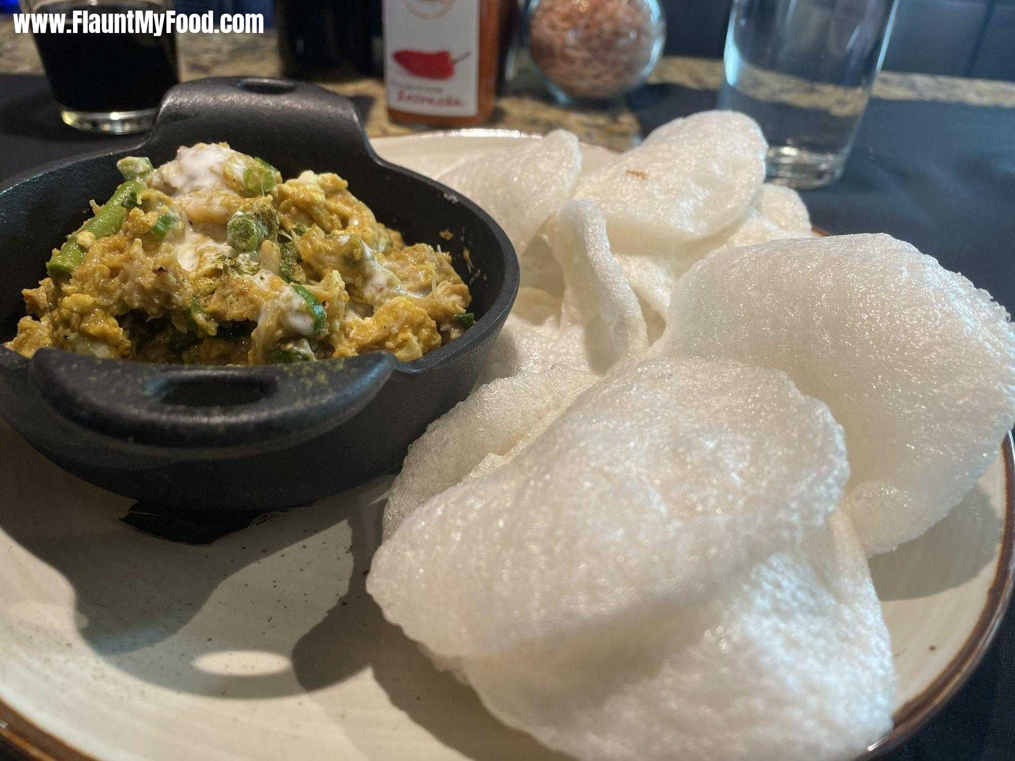 Crab dip with shrimp chips at Malai Kitchen in Clearfork Fort Worth Texas