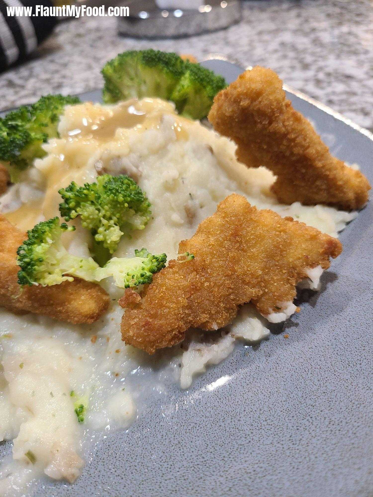 Gourmet mealHome made mashed spuds with a gravy reduction, with brocoli florets, pair with battered chicken cut into the shape of extinct creatures roaming the plate.