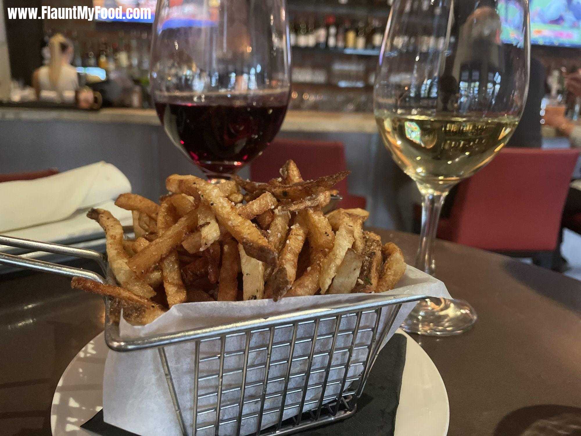 Winslows Wine Bar Fort Worth TexasPinot Noir and Chardonnay wine with fries.