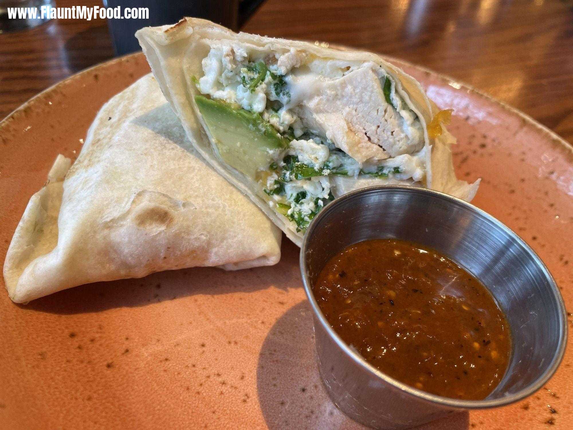 Press cafe Roadrunner burritoEgg white, avocado, roast chicken, spinach burrito from press cafe in fort worth texas