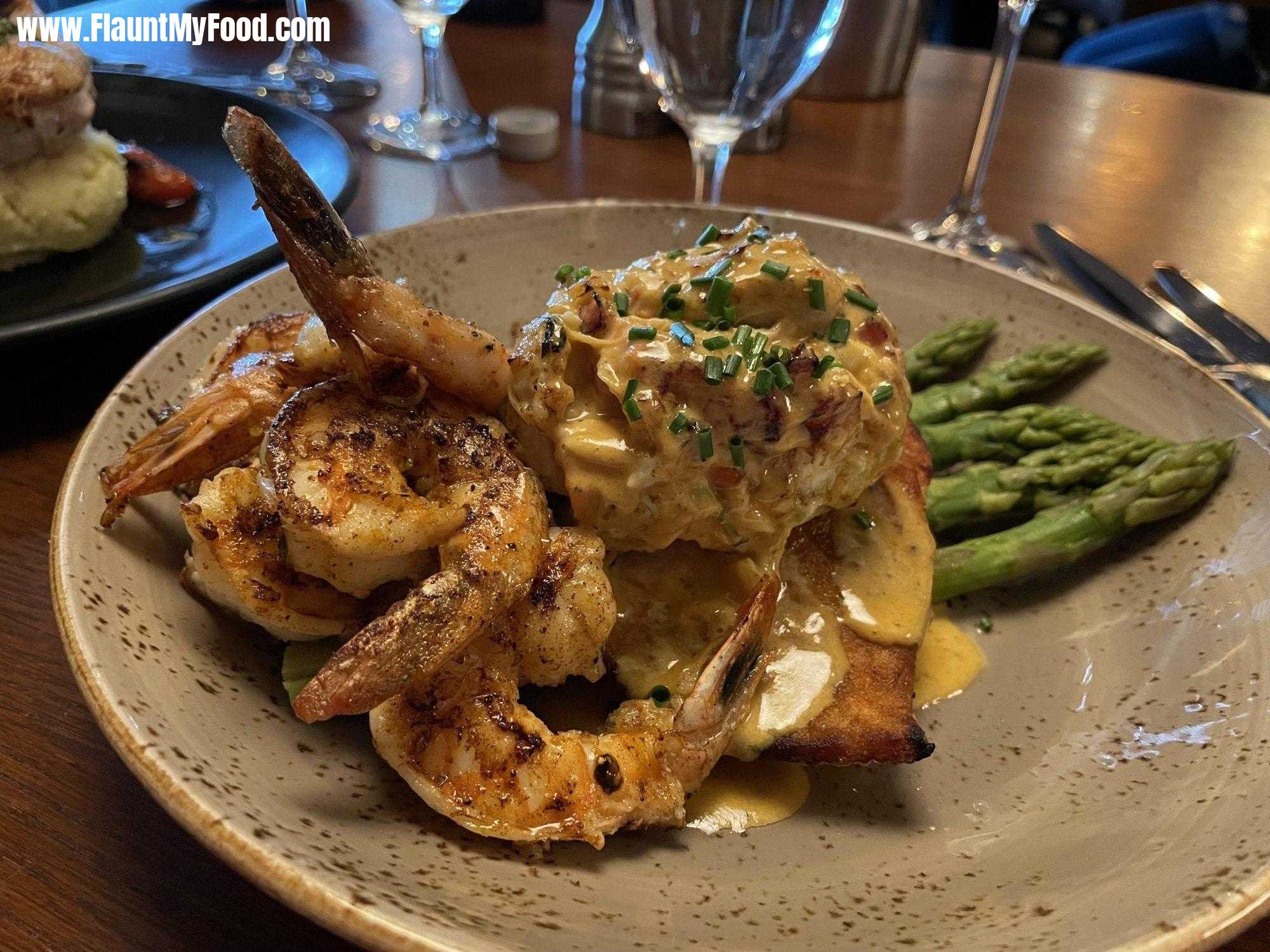 Valentines Day SalmonSalmon topped with crab and blackened shrimp at del frisco grille, Fort Worth