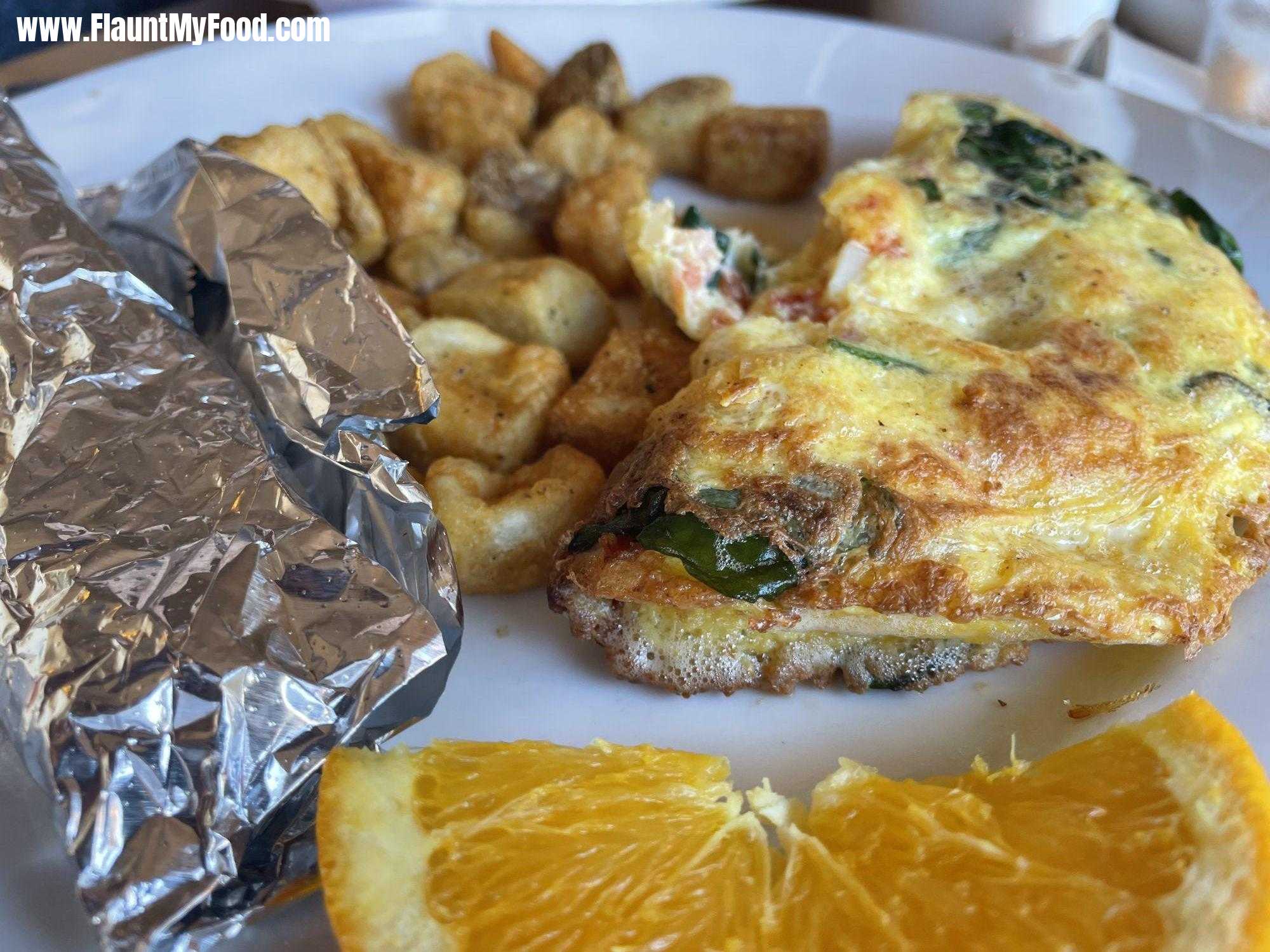 Veggie omelet with red and green chile sauce on the side with diced spudsRuidoso New Mexico, Tina’s Cafe, Veggie omelet with red and green chile sauce on the side with diced spuds